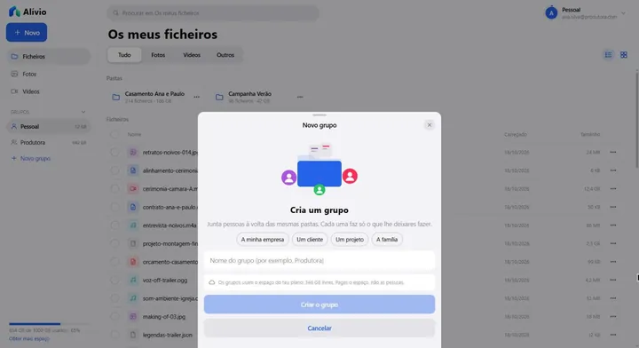Criar um grupo no Pratika Alívio: um nome com exemplos (a minha empresa, um cliente, um projeto, a família) e o espaço livre do plano