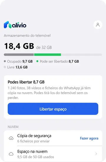 Ecrã inicial do Pratika Alívio: 18,4 GB usados de 32 GB e 8,7 GB que podem ser libertados