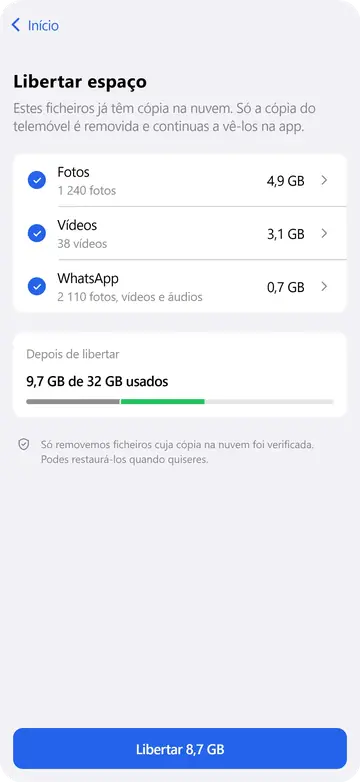 Ecrã Libertar espaço: fotos, vídeos e ficheiros do WhatsApp já guardados na nuvem