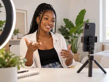 Criadora de conteúdo a gravar com o telemóvel num tripé