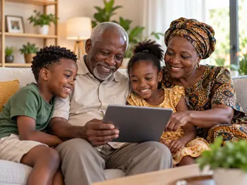 Avós e netos a ver fotos de família num tablet, no sofá