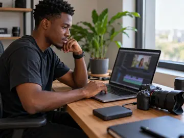 Videomaker a editar um vídeo no portátil, com a câmara ao lado